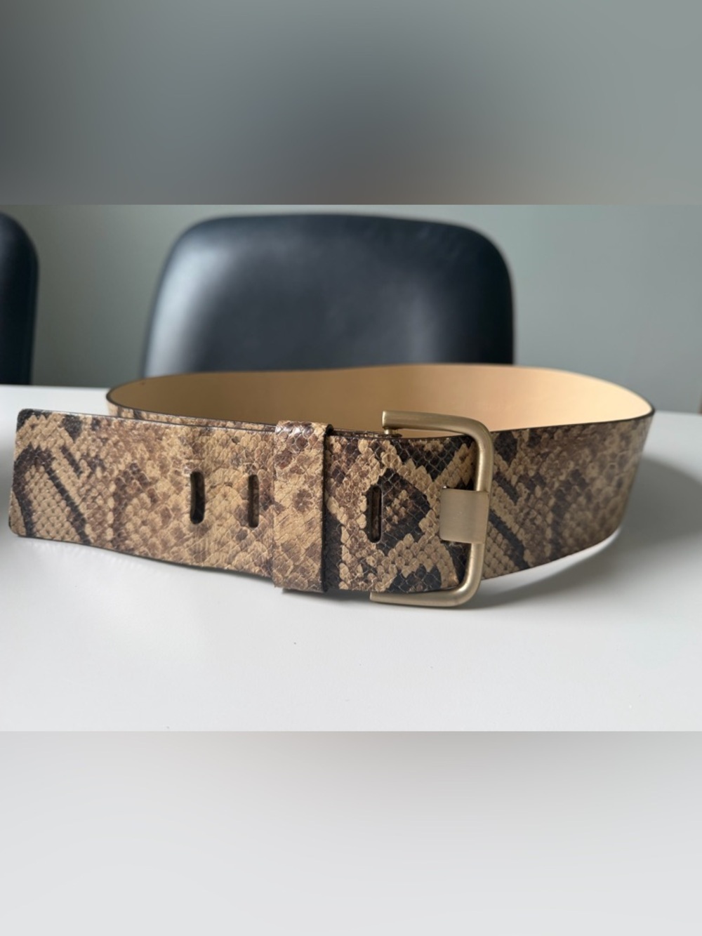 Brown tan gold hardware Snakeskin Wide Statement Belt M Width 2.5” Length 36”